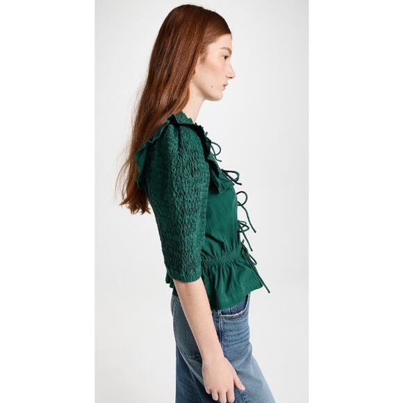 Sea New York Casey‎ Top Smocked Tie Front Puff Sleeves Ruffle Women's XXS Green - Picture 3 of 16